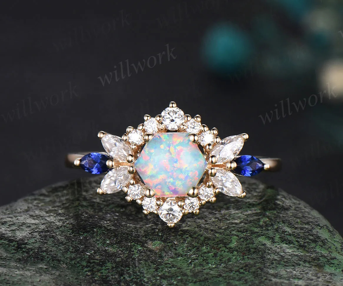 Hexagon white opal engagement ring set 14k yellow gold halo moissanite sapphire wedding ring set sold by Willwork Jewelry product image thumbnail 5