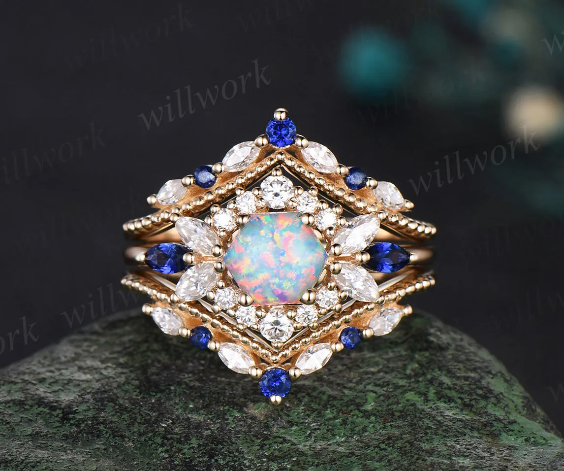 Hexagon white opal engagement ring set 14k yellow gold halo moissanite sapphire wedding ring set sold by Willwork Jewelry