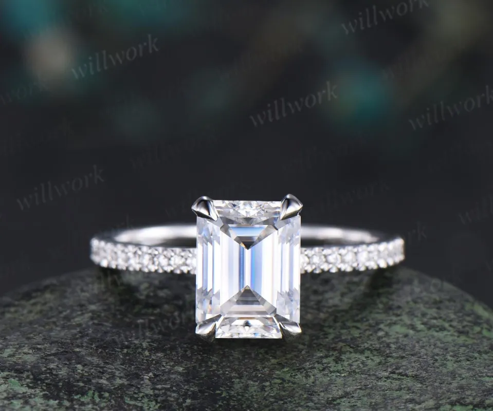 Vintage emerald cut lab grown diamond engagement ring 14k white gold engagement ring hidden halo unique promise wedding ring women jewelry made by Willwork Jewelry