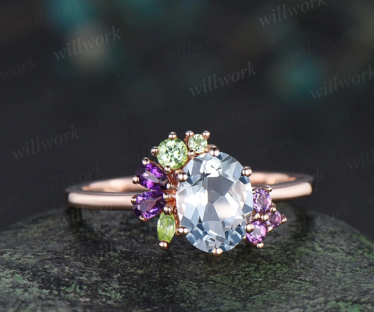 Oval cut natural aquamarine engagement ring 14k rose gold 6 prong cluster amethyst peridot ring dainty wedding promise ring women sold by Willwork Jewelry product image thumbnail 2