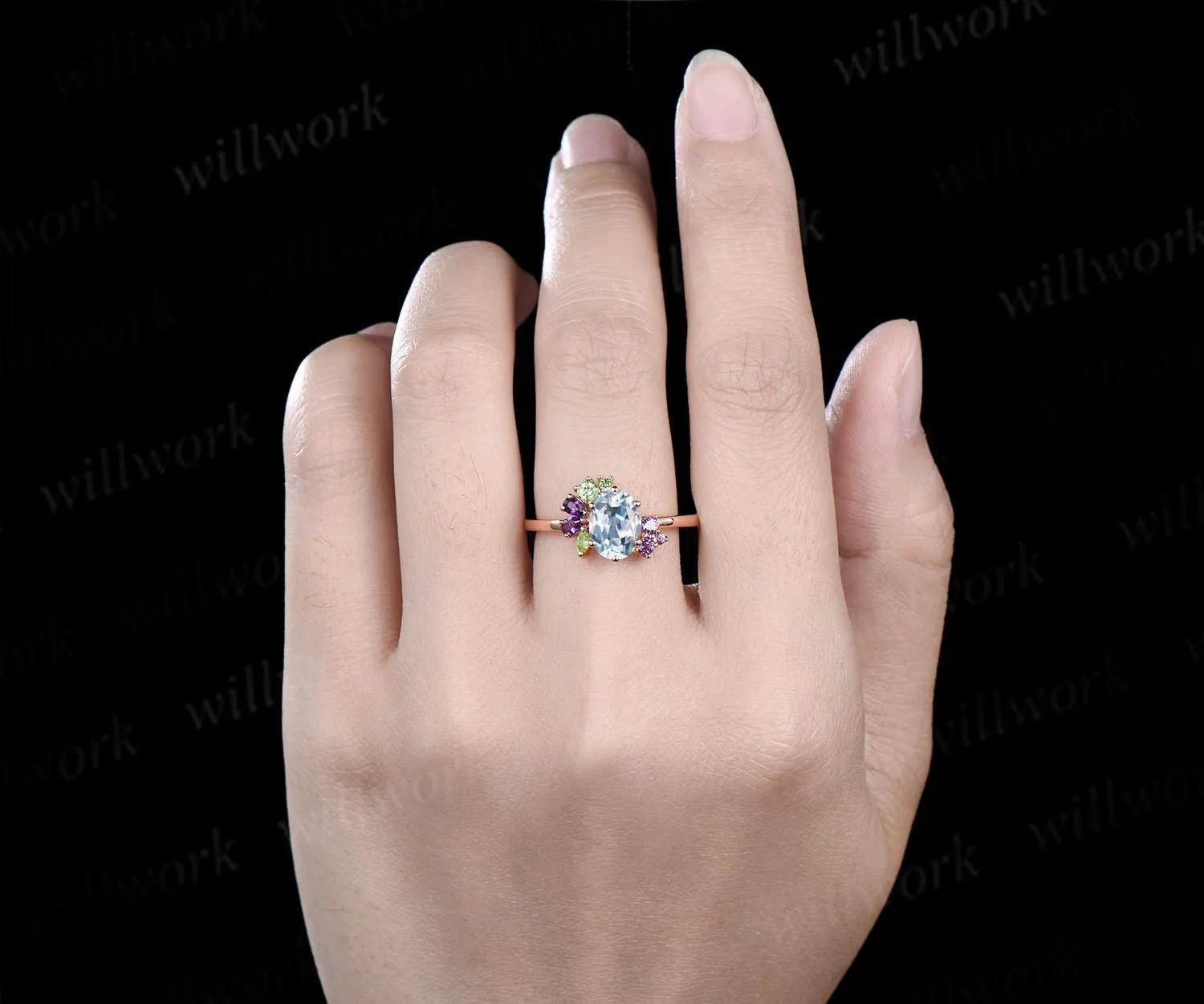 Oval cut natural aquamarine engagement ring 14k rose gold 6 prong cluster amethyst peridot ring dainty wedding promise ring women sold by Willwork Jewelry product image thumbnail 3