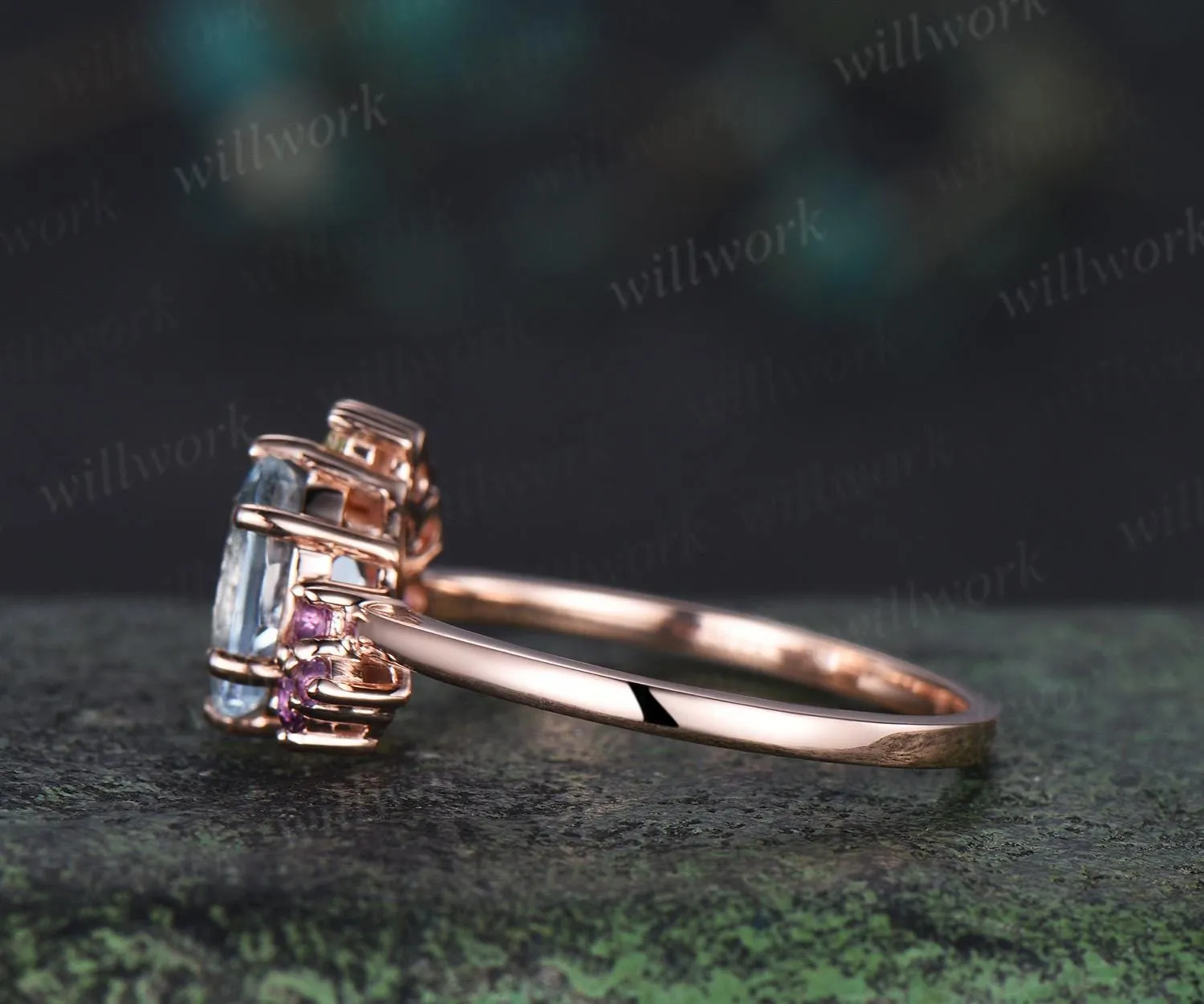 Oval cut natural aquamarine engagement ring 14k rose gold 6 prong cluster amethyst peridot ring dainty wedding promise ring women sold by Willwork Jewelry product image thumbnail 4