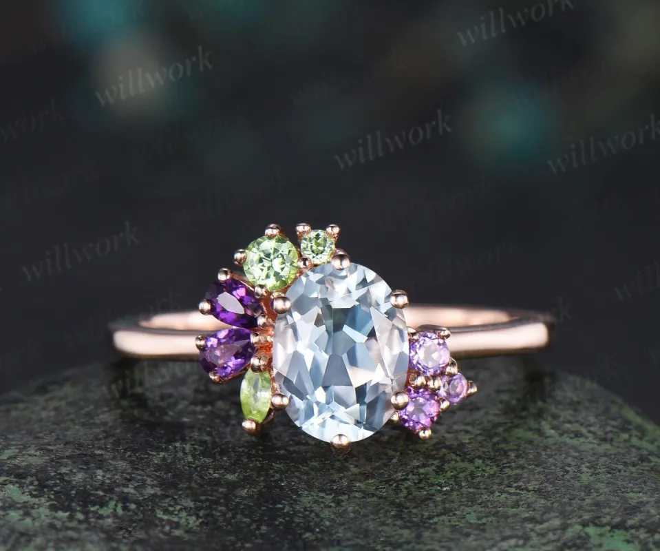 Oval cut natural aquamarine engagement ring 14k rose gold 6 prong cluster amethyst peridot ring dainty wedding promise ring women sold by Willwork Jewelry
