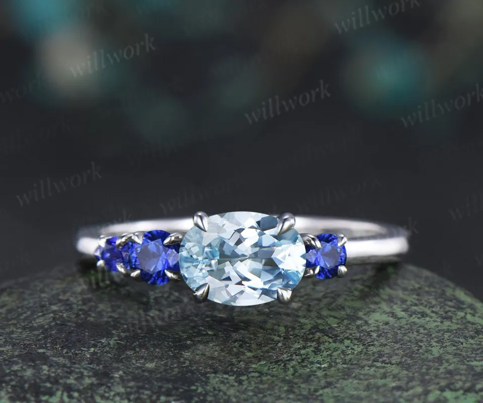 1ct Aquamarine sapphire engagement ring oval cut solid 14k white gold east to west unique promise wedding ring women claw prong ring silver sold by Willwork Jewelry