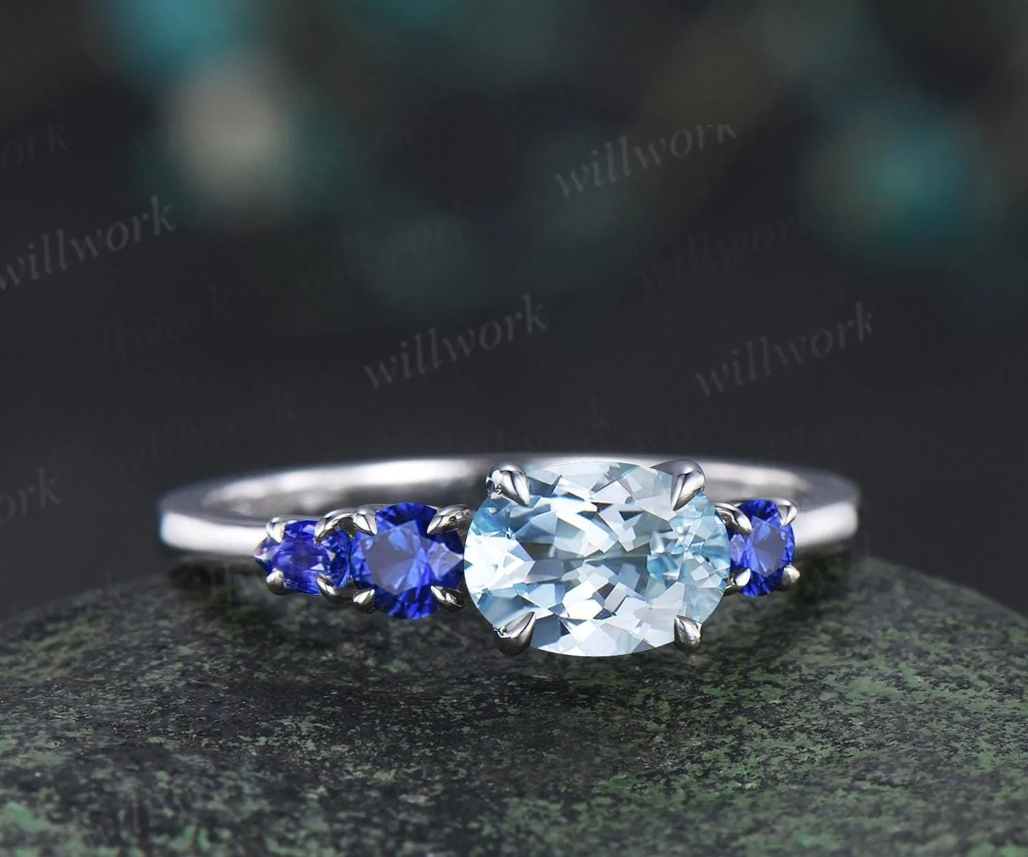 1ct Aquamarine sapphire engagement ring oval cut solid 14k white gold east to west unique promise wedding ring women claw prong ring silver sold by Willwork Jewelry product image thumbnail 2
