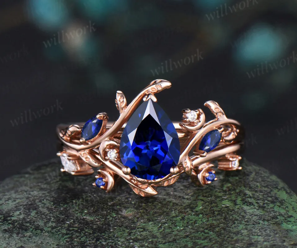 Vintage pear sapphire engagement ring set unique twig leaf moon ring marquise moissanite sapphire wedding band bridal jewelry set sold by Willwork Jewelry