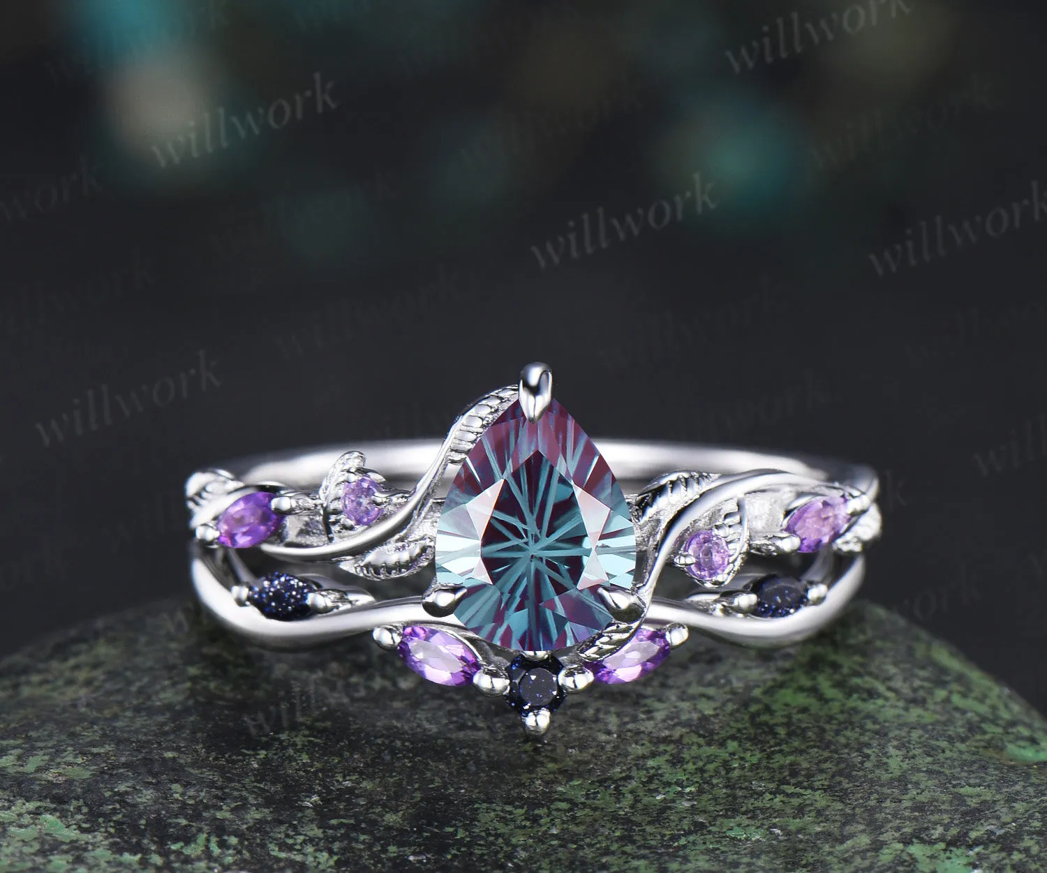 Pear Fireworks cut Alexandrite engagement ring set white gold nature inspired leaf amethyst blue sandstone bridal ring set women sold by Willwork Jewelry product image thumbnail 5