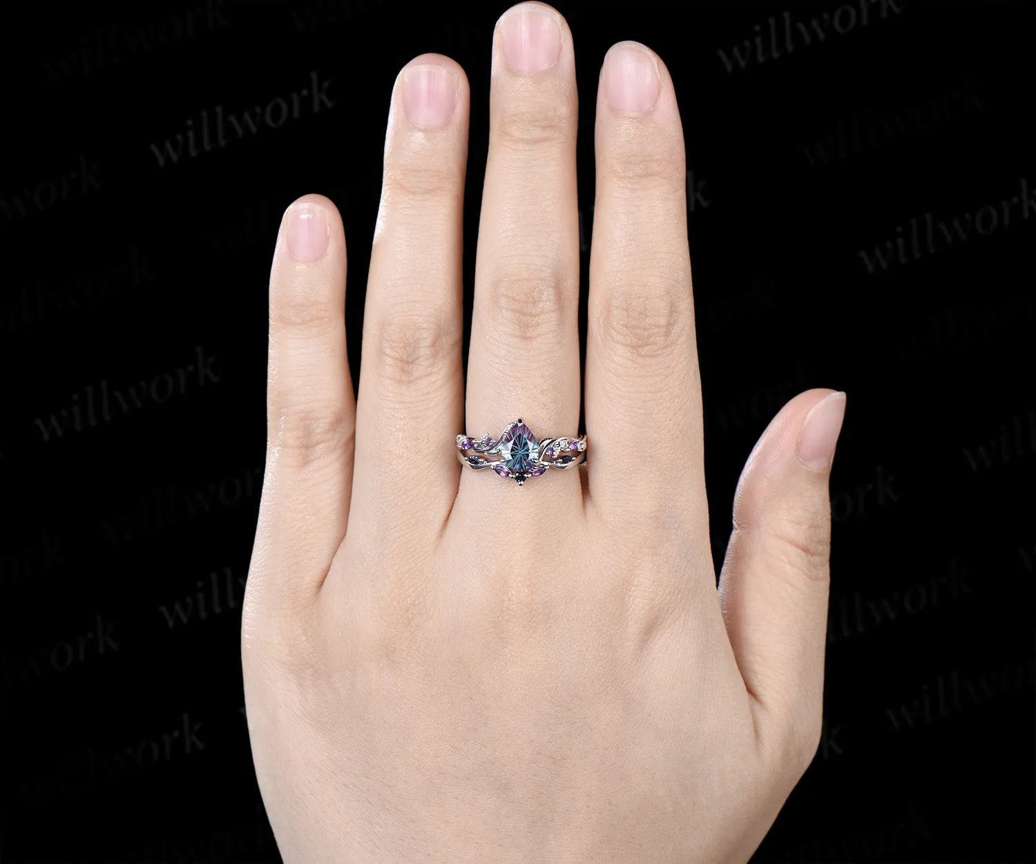 Pear Fireworks cut Alexandrite engagement ring set white gold nature inspired leaf amethyst blue sandstone bridal ring set women sold by Willwork Jewelry product image thumbnail 4