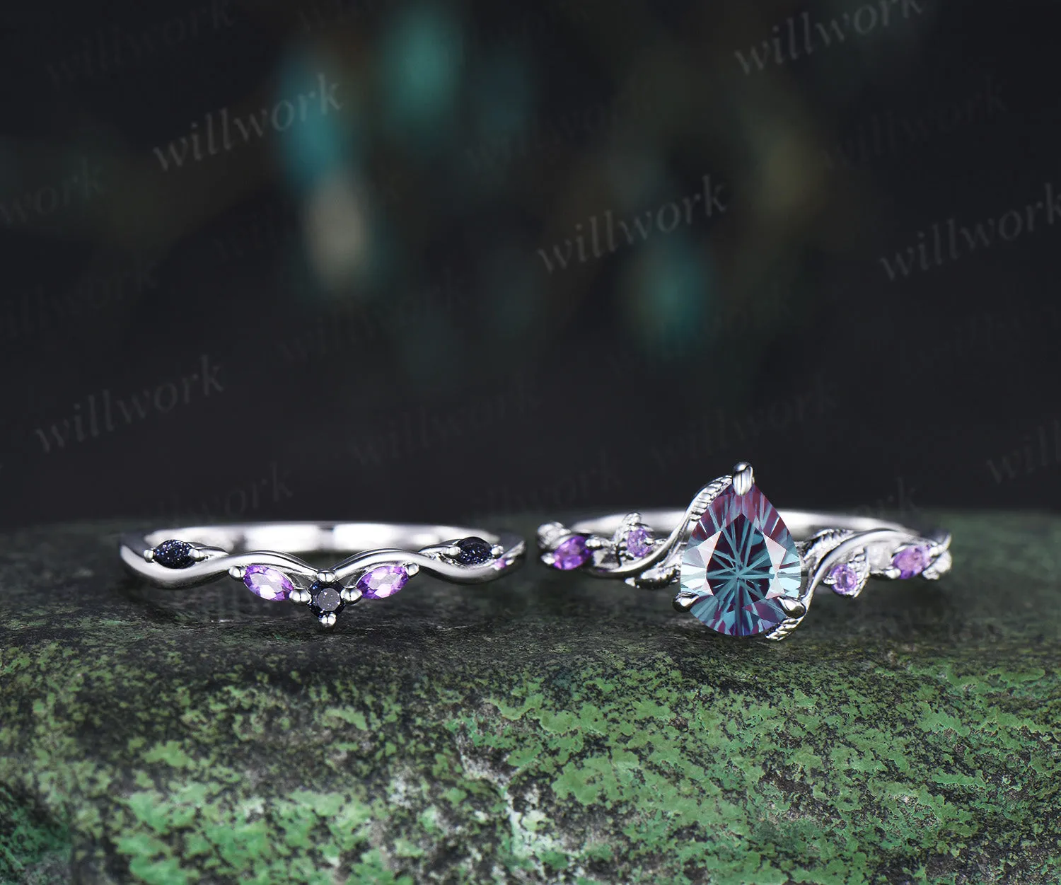 Pear Fireworks cut Alexandrite engagement ring set white gold nature inspired leaf amethyst blue sandstone bridal ring set women sold by Willwork Jewelry product image thumbnail 2