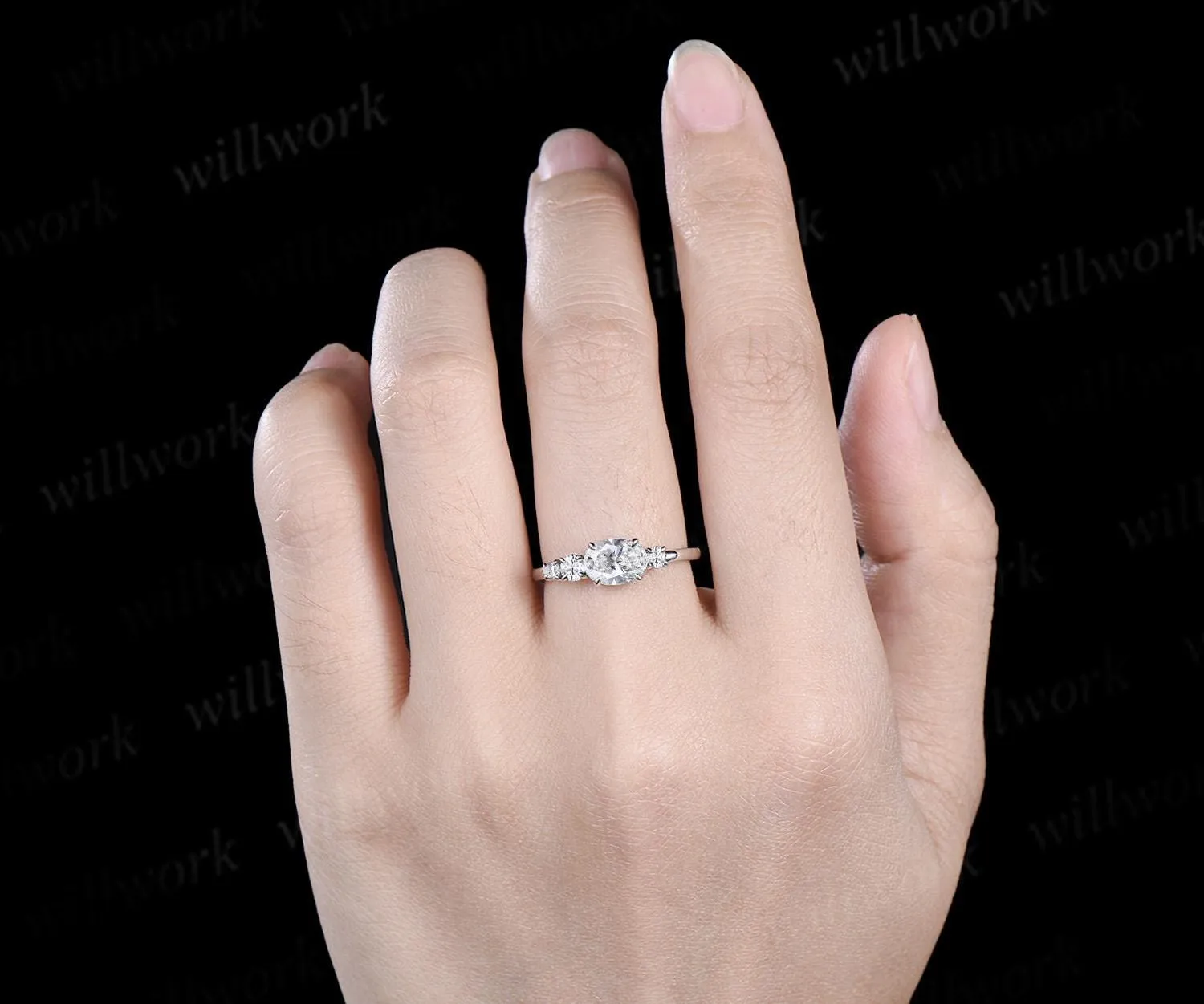 Oval cut lab grown diamond engagement ring 14k white gold Minimalist east to west four stone moissanite wedding promise ring women sold by Willwork Jewelry product image thumbnail 3