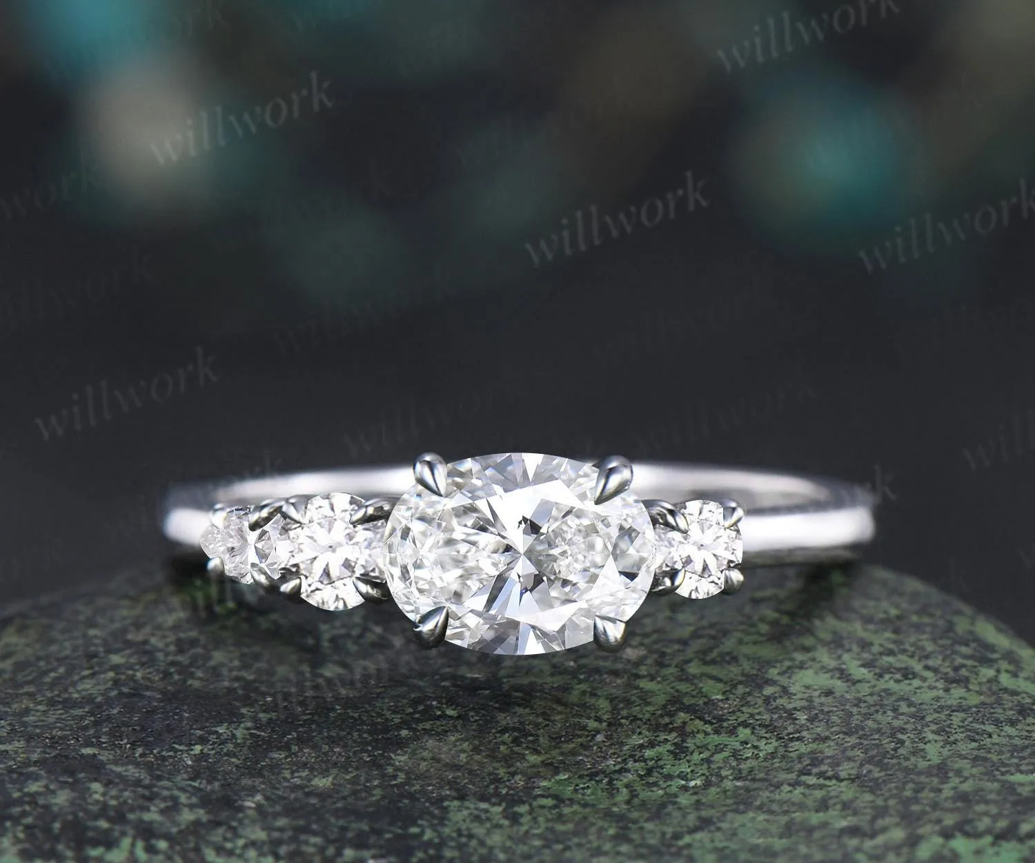 Oval cut lab grown diamond engagement ring 14k white gold Minimalist east to west four stone moissanite wedding promise ring women sold by Willwork Jewelry