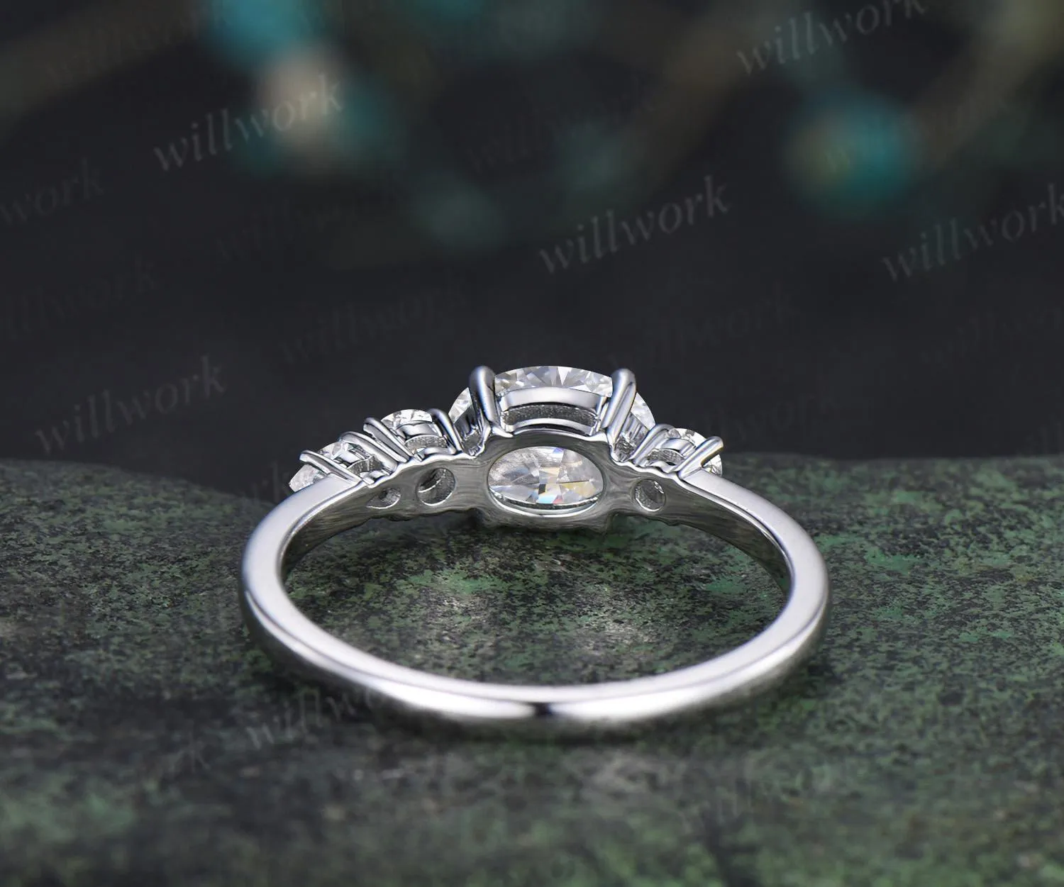 Oval cut lab grown diamond engagement ring 14k white gold Minimalist east to west four stone moissanite wedding promise ring women sold by Willwork Jewelry product image thumbnail 5