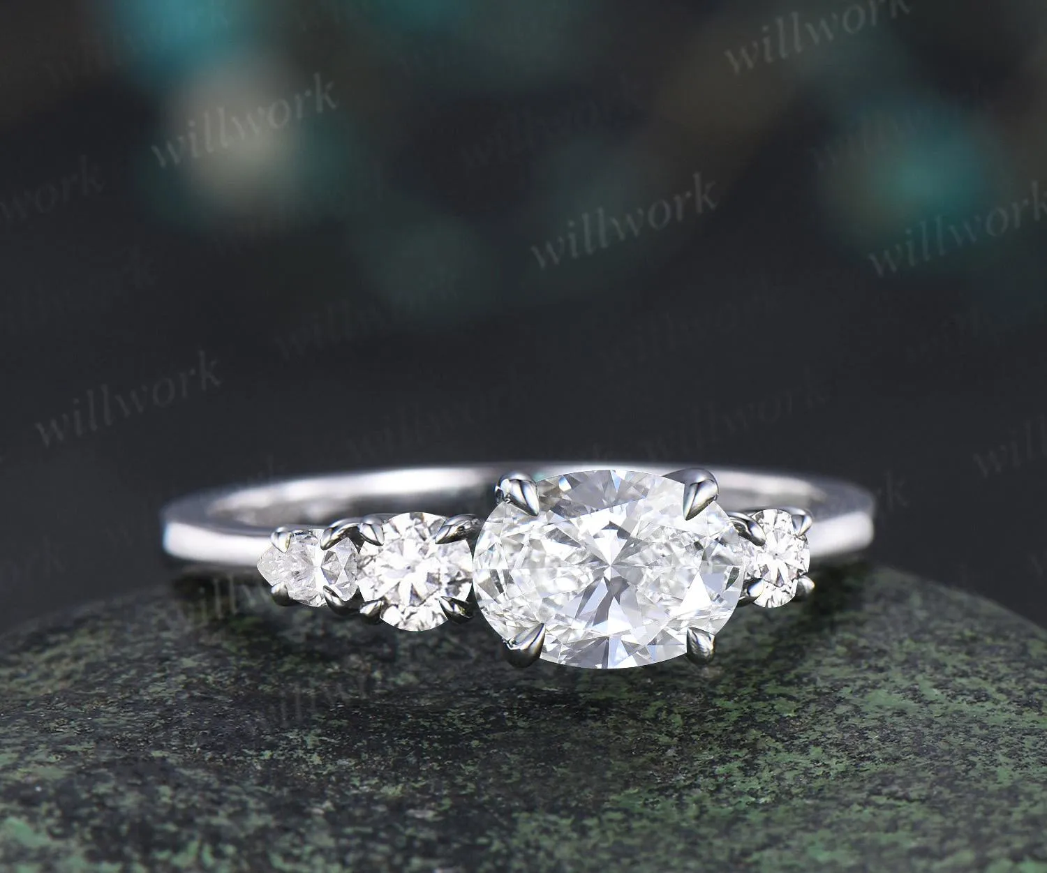 Oval cut lab grown diamond engagement ring 14k white gold Minimalist east to west four stone moissanite wedding promise ring women sold by Willwork Jewelry product image thumbnail 2