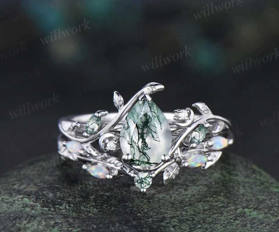 Teardrop pear cut moss agate ring vintage white gold leaf moon engagement ring set nature inspired marquise opal wedding ring silver sold by Willwork Jewelry