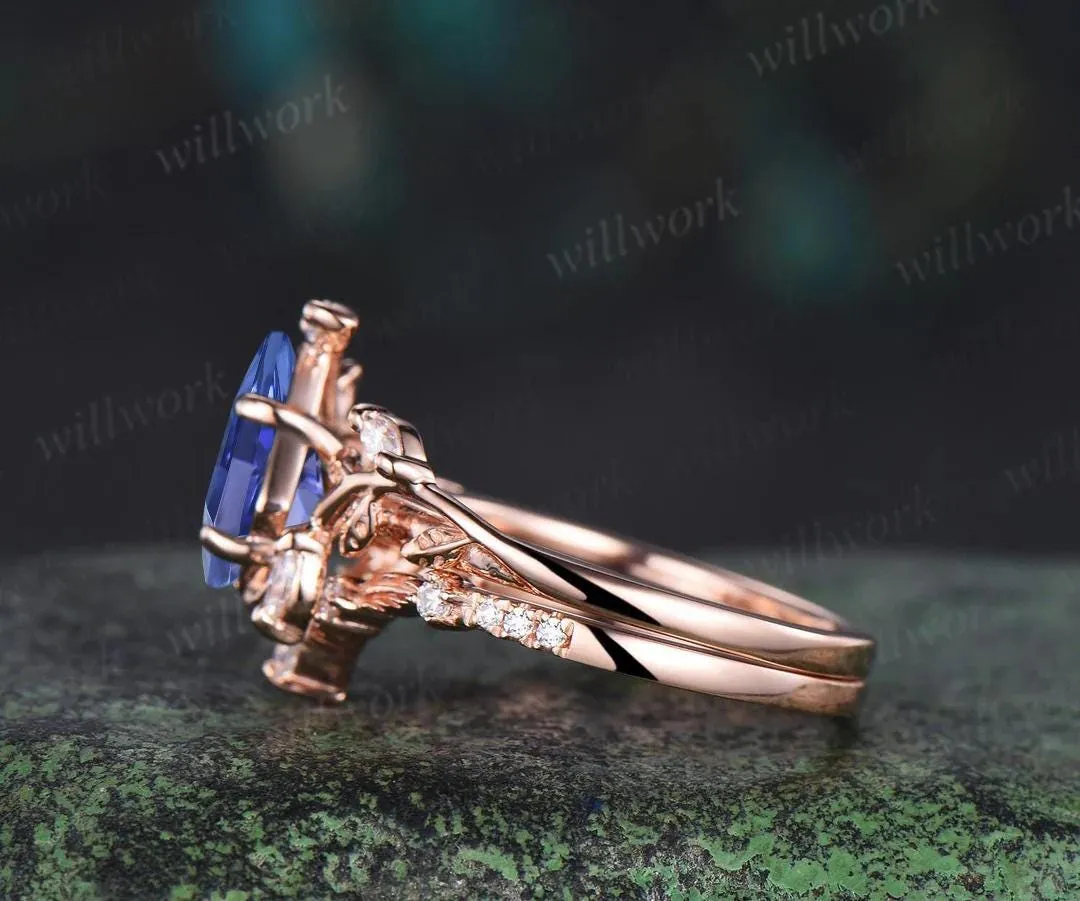 Vintage kite cut tanzanite engagement ring 14k rose gold leaf nature inspired ring women unique cluster diamond bridal promise ring set sold by Willwork Jewelry product image thumbnail 5