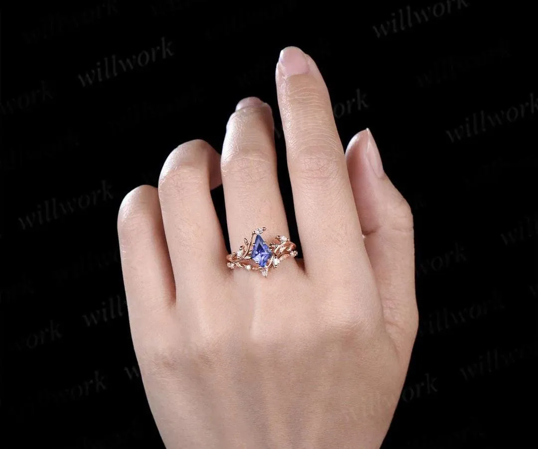 Vintage kite cut tanzanite engagement ring 14k rose gold leaf nature inspired ring women unique cluster diamond bridal promise ring set sold by Willwork Jewelry product image thumbnail 3