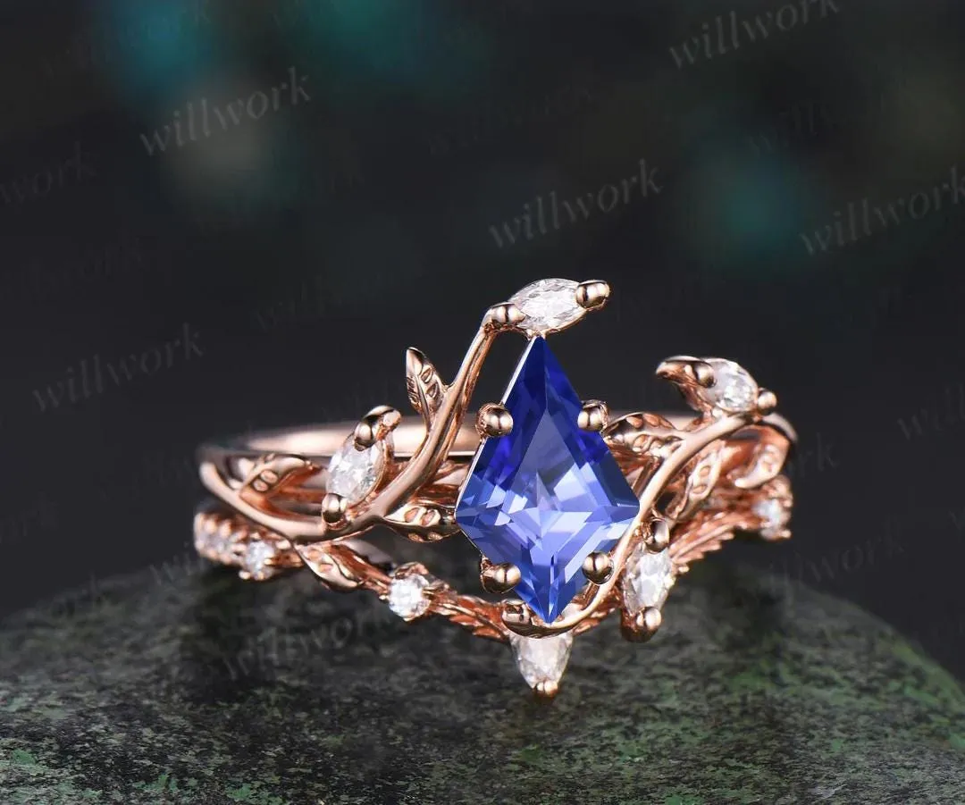 Vintage kite cut tanzanite engagement ring 14k rose gold leaf nature inspired ring women unique cluster diamond bridal promise ring set sold by Willwork Jewelry product image thumbnail 4