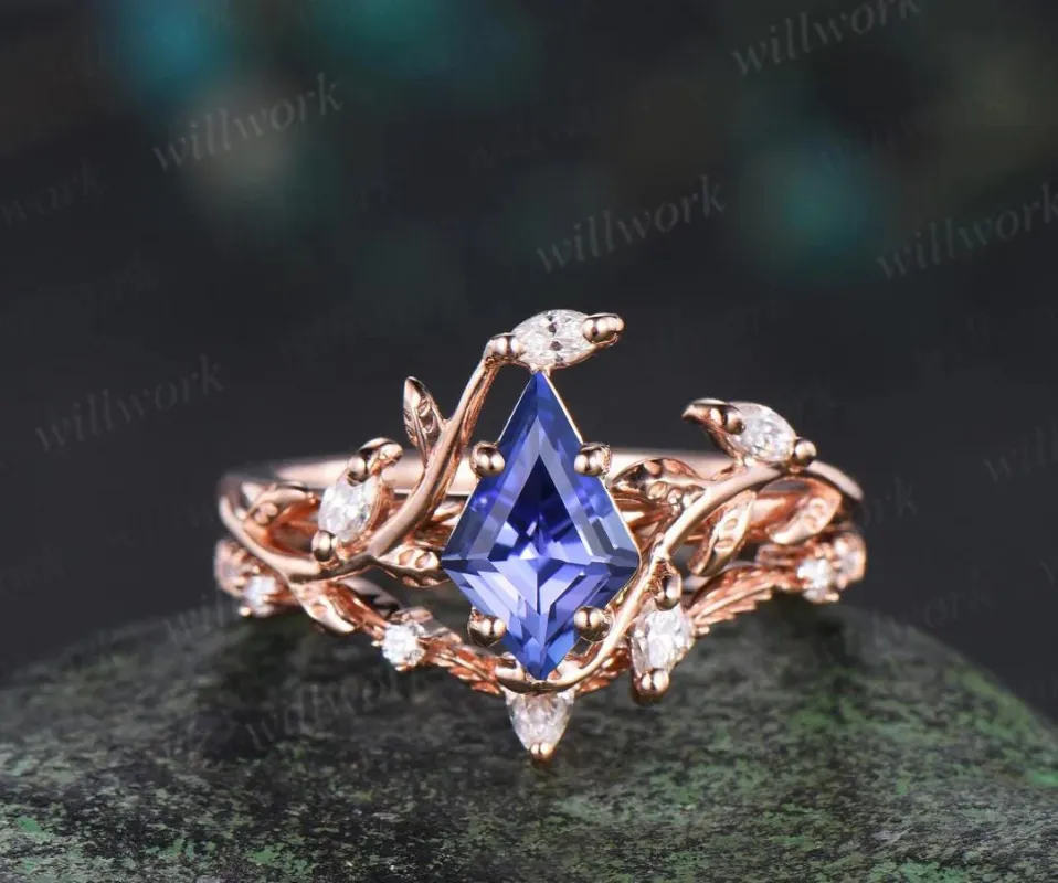 Vintage kite cut tanzanite engagement ring 14k rose gold leaf nature inspired ring women unique cluster diamond bridal promise ring set sold by Willwork Jewelry
