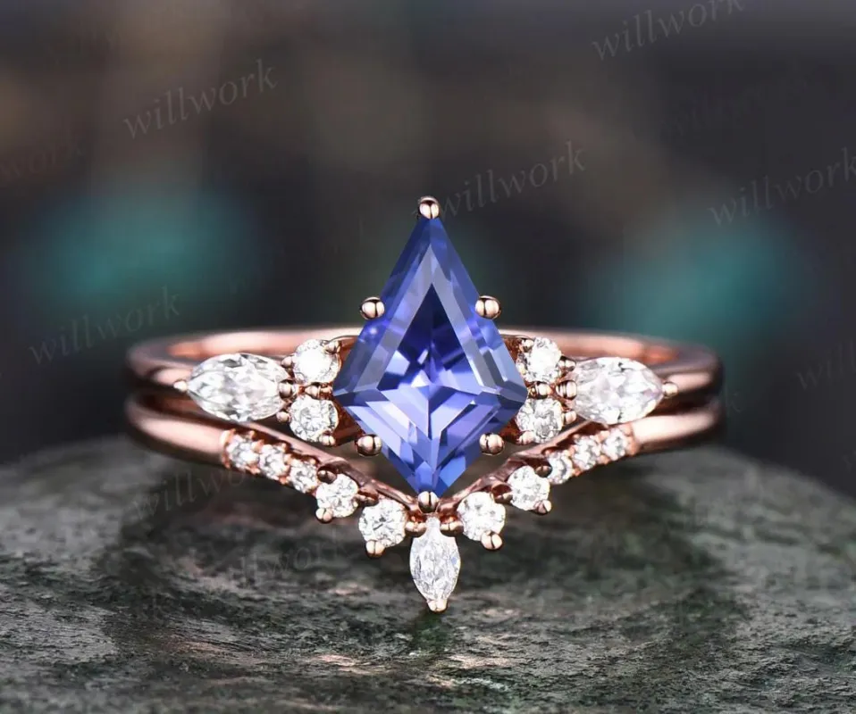 Kite cut natural tanzanite engagement ring set 14k rose gold marquise cut diamond ring women unique bridal wedding ring set gift sold by Willwork Jewelry