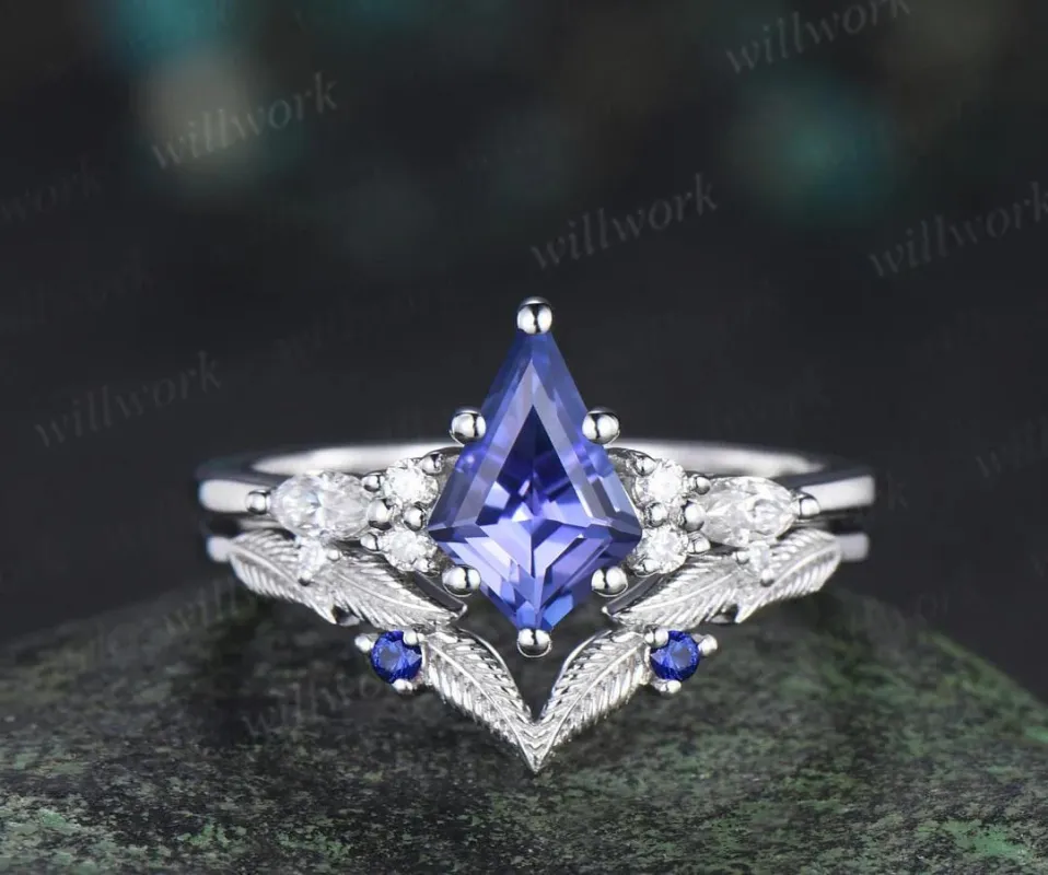 Kite cut tanzanite engagement ring set sapphire moissanite vintage 14k white gold ring leaf nature inspired wedding band bridal set gift sold by Willwork Jewelry