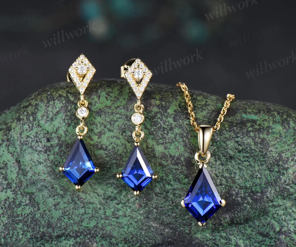 Vintage Kite cut blue sapphire earrings necklace set solid 9k 14k yellow gold bezel halo moissanite unique pendant Women anniversary gift made by Willwork Jewelry