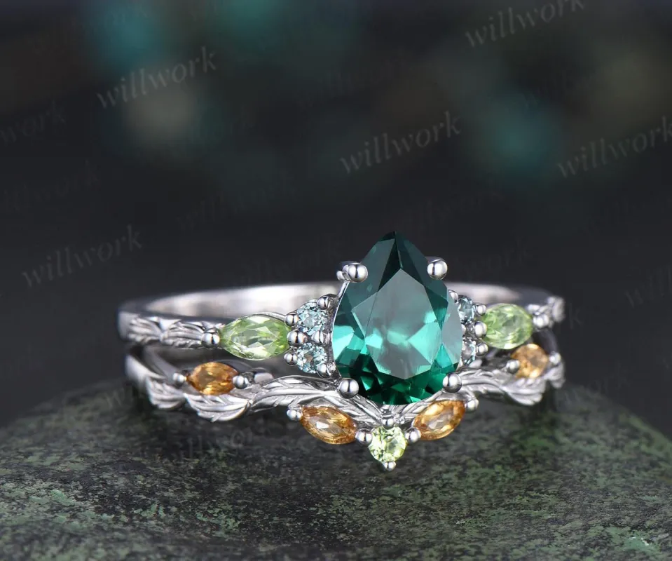 Vintage pear green emerald engagement ring set solid 14k white gold alexandrite peridot citrine art deco leaf wedding ring set women sold by Willwork Jewelry