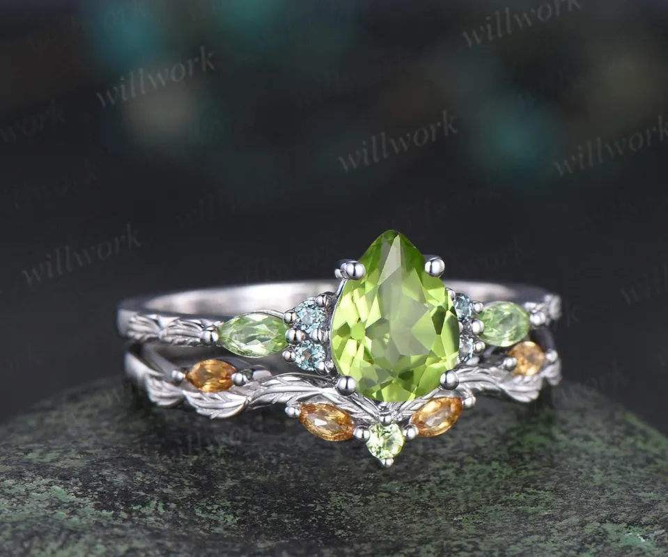 Vintage pear peridot engagement ring set solid 14k white gold alexandrite citrine art deco leaf wedding ring set women silver sold by Willwork Jewelry