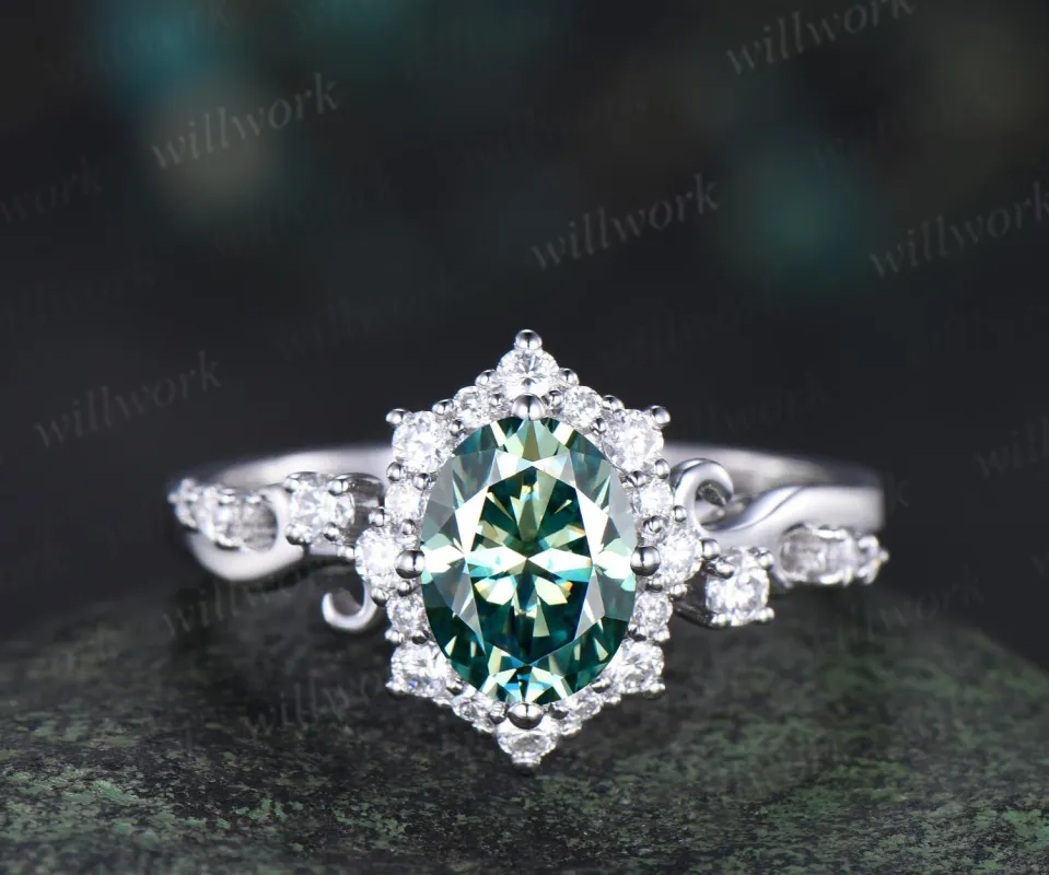 Vintage oval green moissanite engagement ring halo diamond ring 14k white gold art deco unique bridal promise ring women jewelry sold by Willwork Jewelry