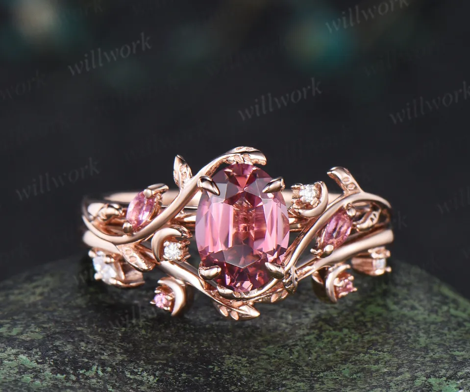 Oval cut pink tourmaline engagement ring set leaf moon rose gold wedding set women jewelry made by Willwork Jewelry