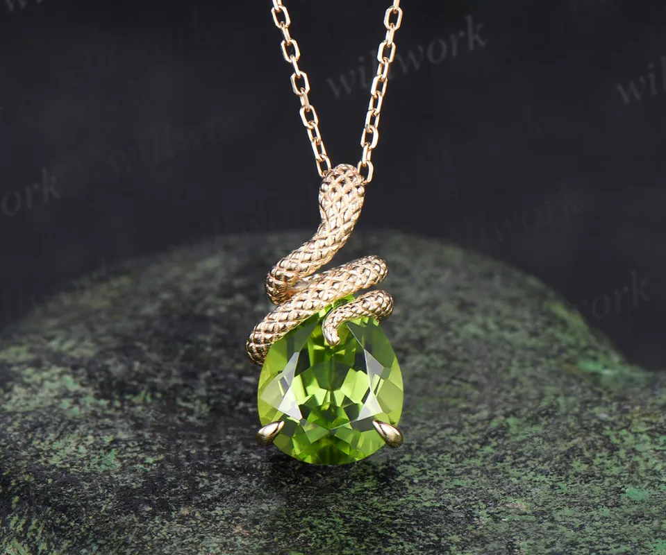 Cute Snake Necklace Teardrop Cut Natural Peridot Snake Wrapped Pendant Pear Shape Light Green Gemstone Snake Wire Wrap Drop Necklace Gift sold by Willwork Jewelry