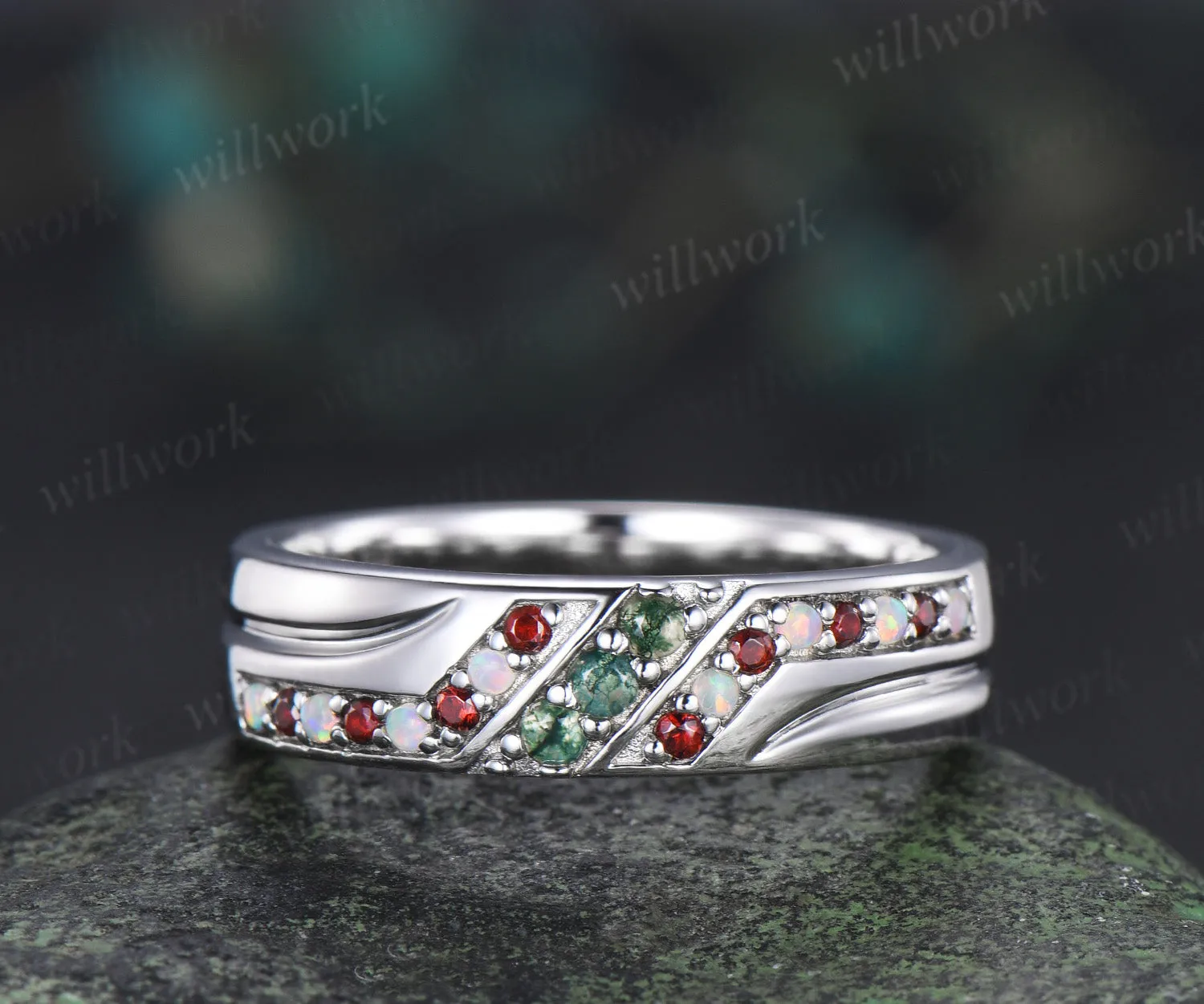 Unique Mens moss agate Wedding Band Round Band 5mm Solid Gold Ring Mens opal garnet Handsome Man Rings Matching Band Ring Gift sold by Willwork Jewelry