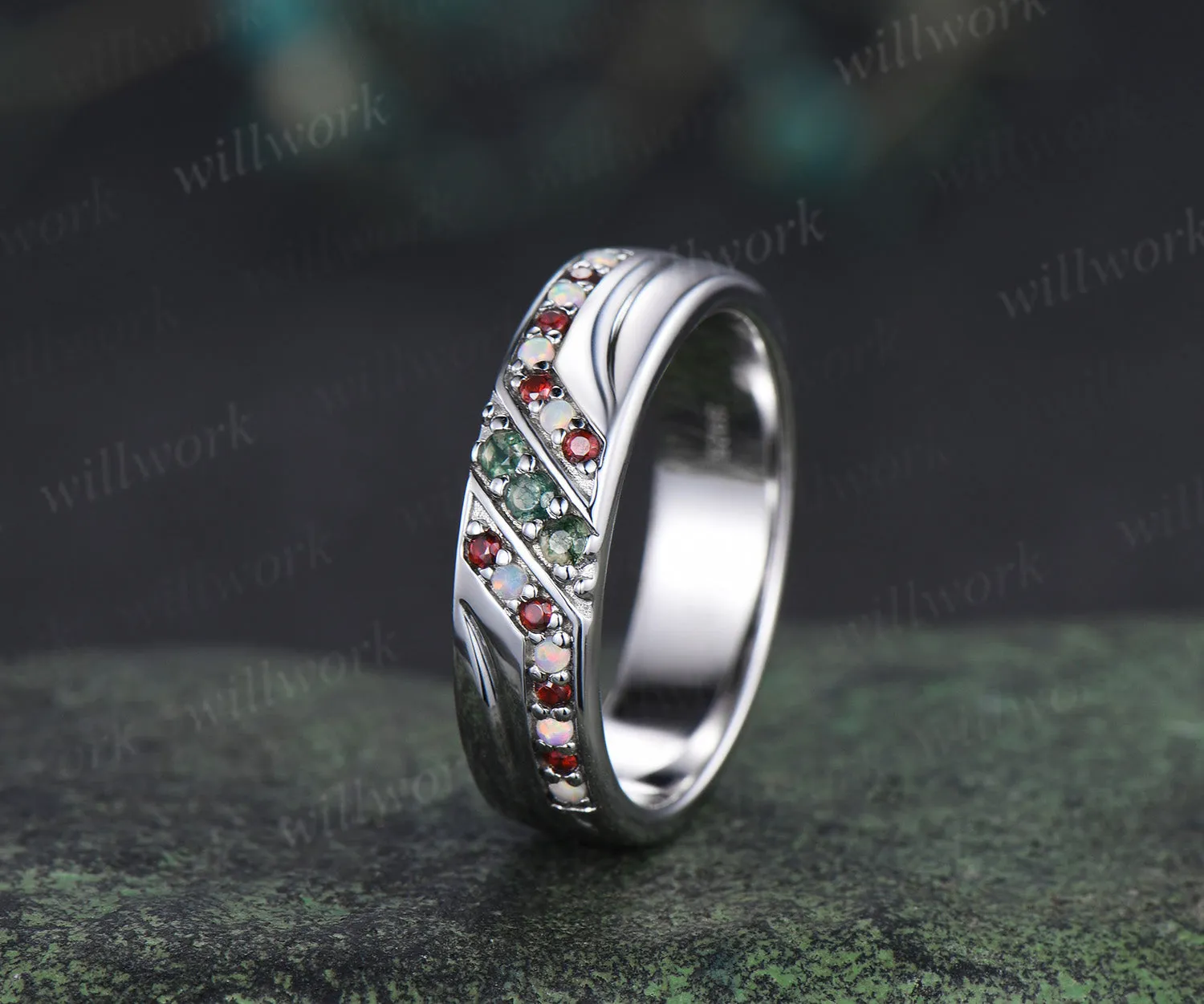 Unique Mens moss agate Wedding Band Round Band 5mm Solid Gold Ring Mens opal garnet Handsome Man Rings Matching Band Ring Gift sold by Willwork Jewelry product image thumbnail 2