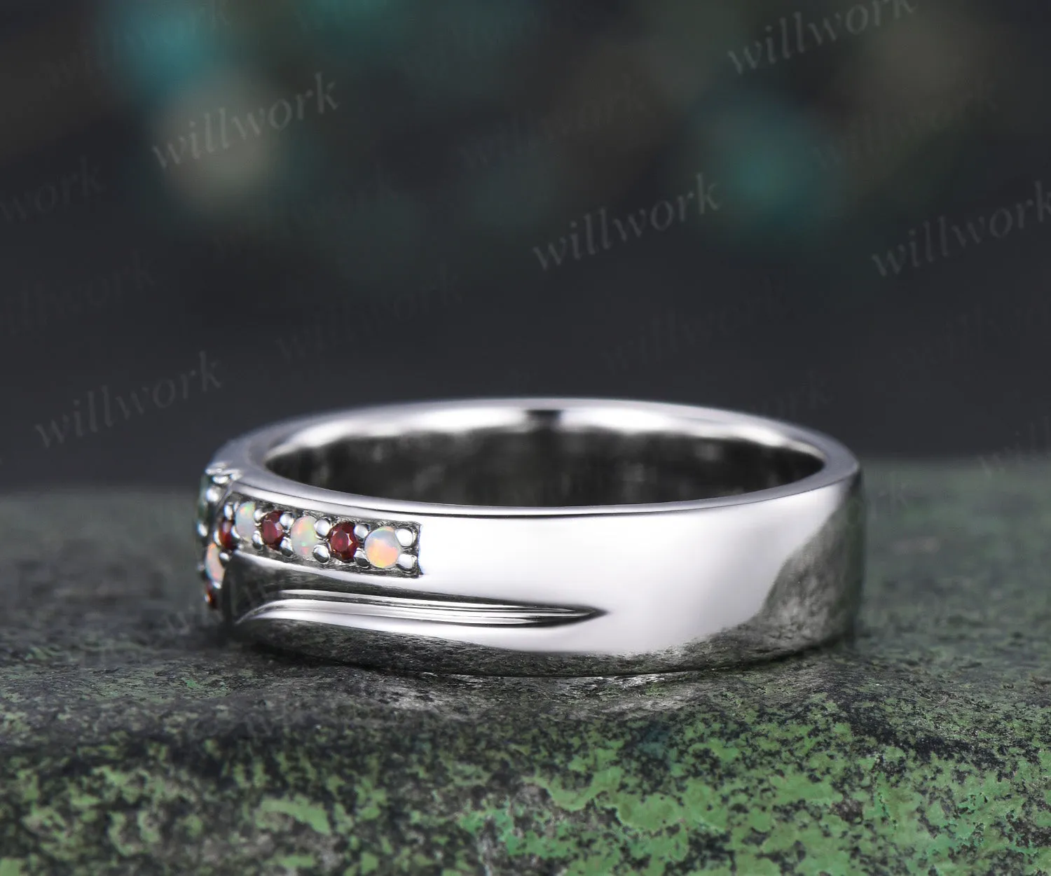 Unique Mens moss agate Wedding Band Round Band 5mm Solid Gold Ring Mens opal garnet Handsome Man Rings Matching Band Ring Gift sold by Willwork Jewelry product image thumbnail 5