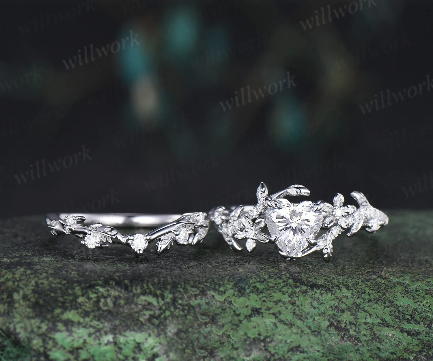 Heart shaped moissanite engagement ring set vintage floral diamond ring women 14k white gold branch leaf promise ring set sold by Willwork Jewelry product image thumbnail 2
