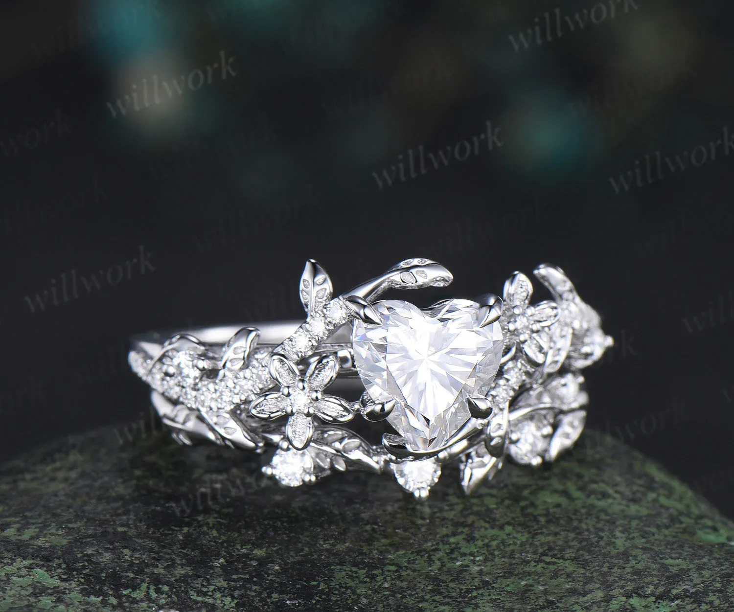 Heart shaped moissanite engagement ring set vintage floral diamond ring women 14k white gold branch leaf promise ring set sold by Willwork Jewelry product image thumbnail 3