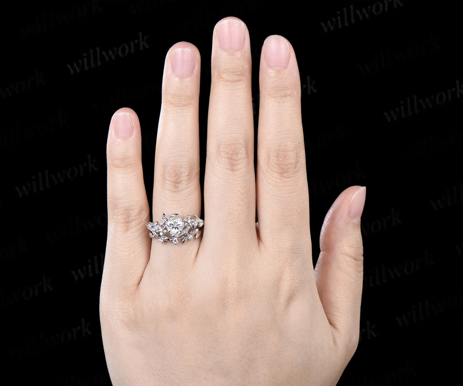 Heart shaped moissanite engagement ring set vintage floral diamond ring women 14k white gold branch leaf promise ring set sold by Willwork Jewelry product image thumbnail 4