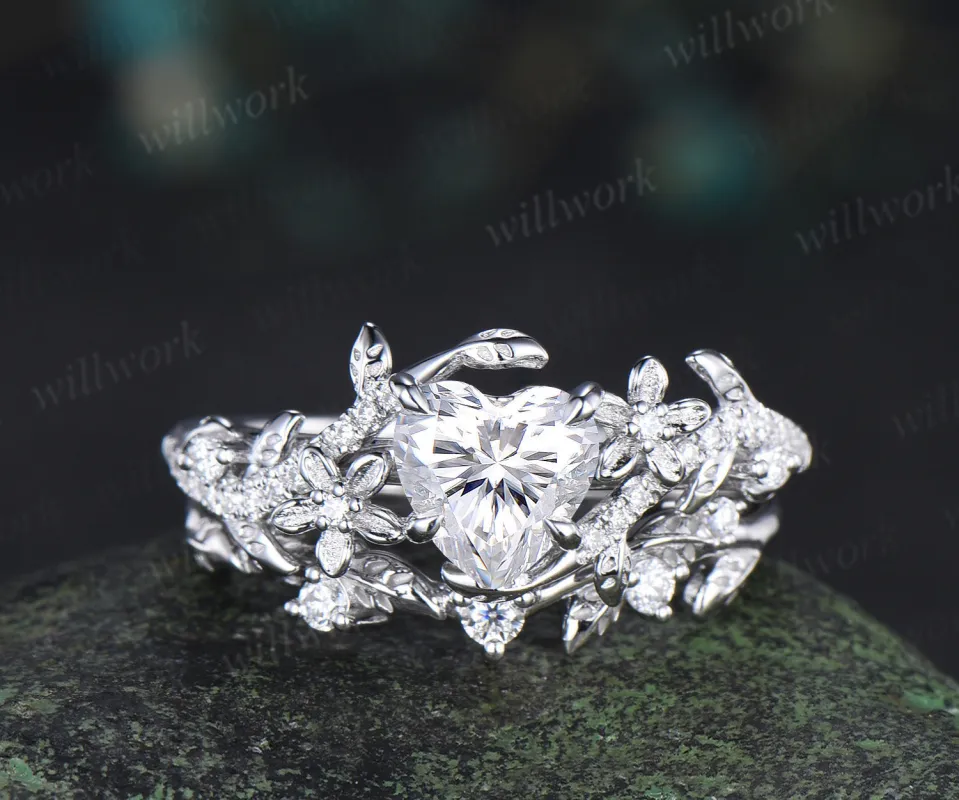 Heart shaped moissanite engagement ring set vintage floral diamond ring women 14k white gold branch leaf promise ring set made by Willwork Jewelry