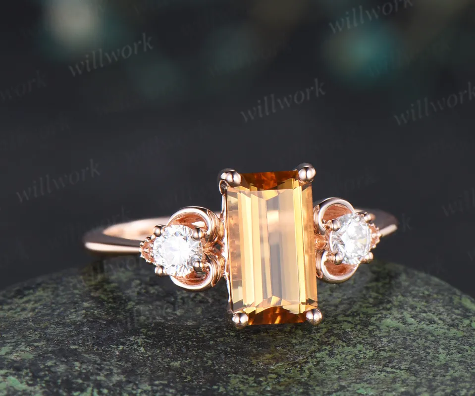 Emerald cut yellow citrine ring heart three stone citrine Engagement ring rose gold moissanite wedding ring women sold by Willwork Jewelry