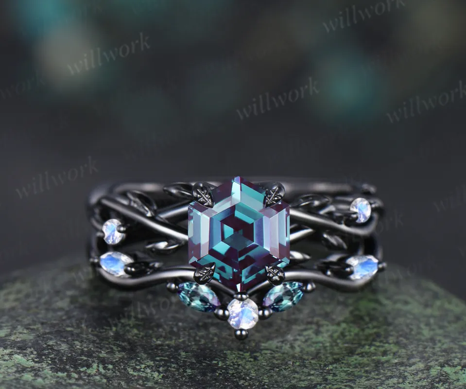 Hexagon alexandrite engagement ring set black gold twig leaf split shank moonstone ring marquise alexandrite wedding band unique bridal set sold by Willwork Jewelry