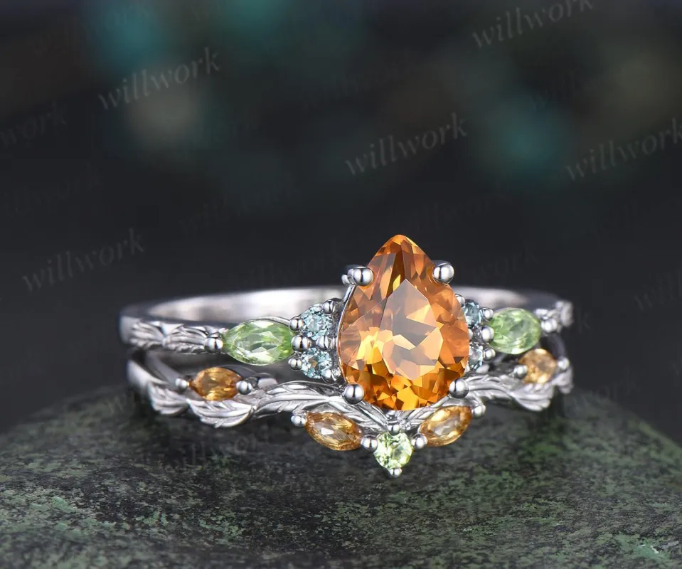 Vintage pear yellow citrine engagement ring set solid 14k white gold alexandrite peridot art deco leaf bridal ring set women sold by Willwork Jewelry