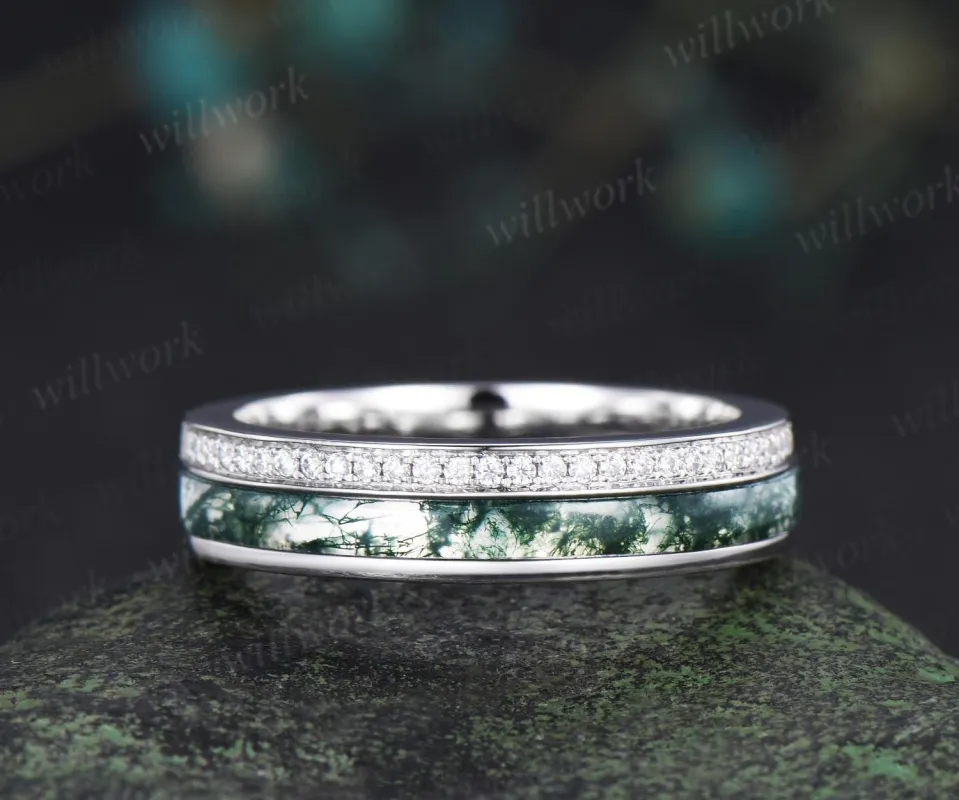 Half eternity natural moss agate wedding band men white gold handmade moissanite ring stacking band sold by Willwork Jewelry