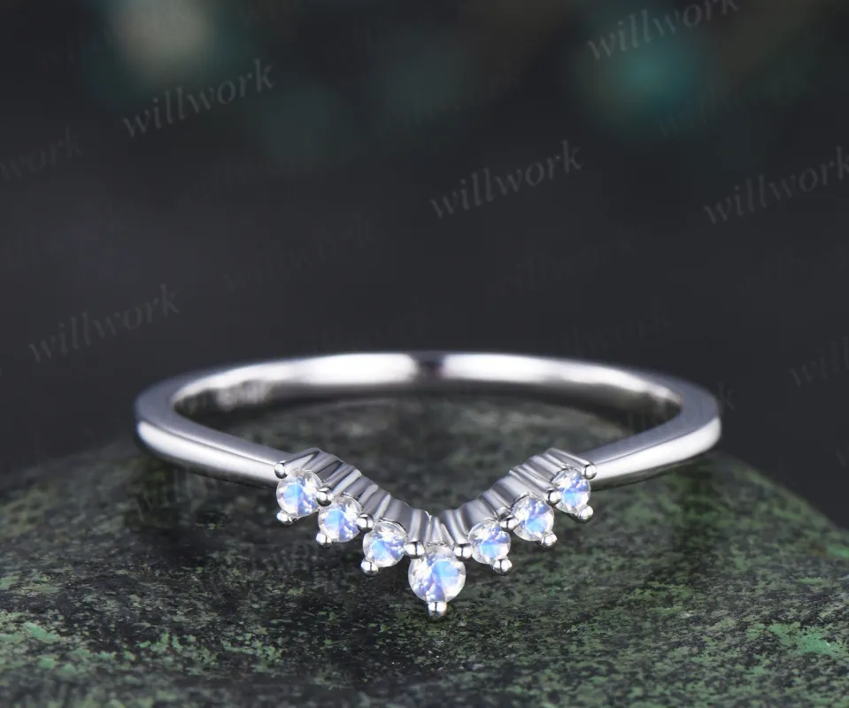 Moonstone wedding band dainty curved blue gemstone stackable ring silver white gold matching band gifts for women made by Willwork Jewelry