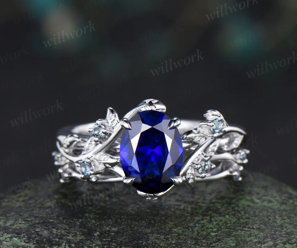 Art Deco Oval Sapphire Engagement Ring Sest Leaf Twig Branch Ring Alexandrite Split Shank Wedding Band Unique 2pc Nature Inspired Bridal Set made by Willwork Jewelry