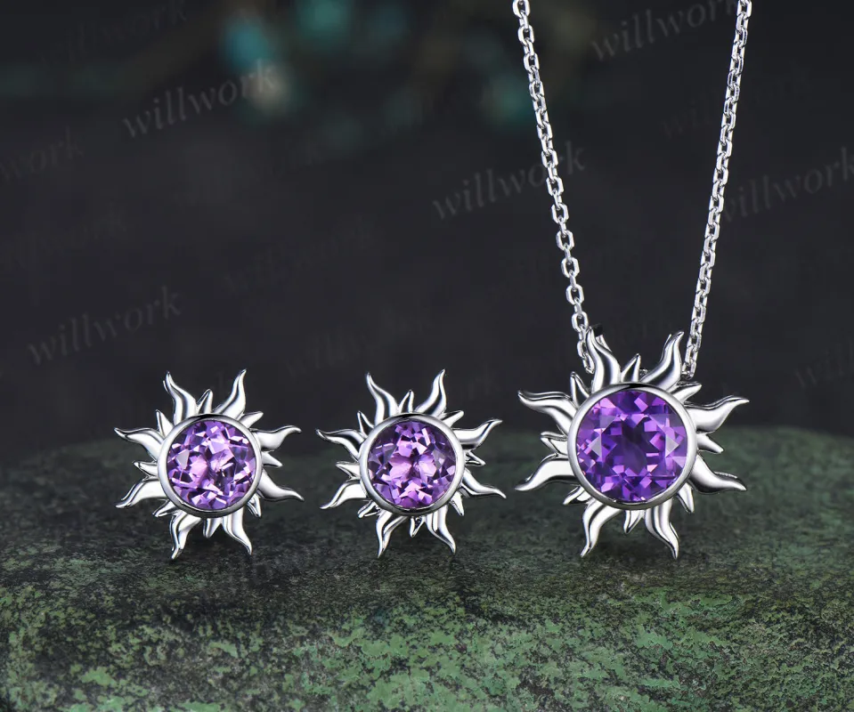Round amethyst sun stud earrings & purple amethyst necklace set Rapunzel inspired crystal jewelry set February birthstone gifts for her made by Willwork Jewelry