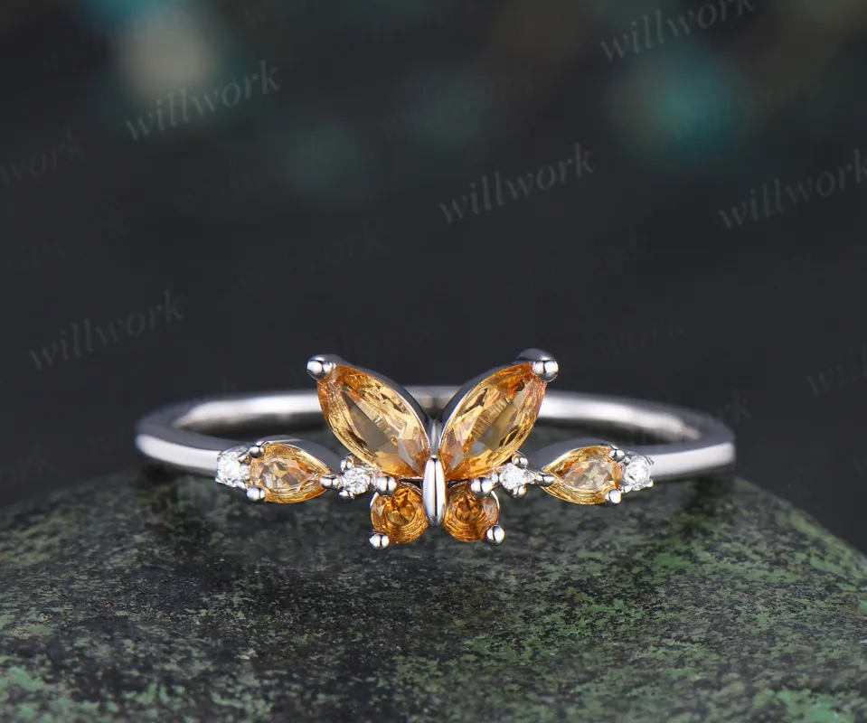 Vintage butterfly citrine engagement ring unique marquise cut yellow citrine white gold promise ring anniversary women gift sold by Willwork Jewelry