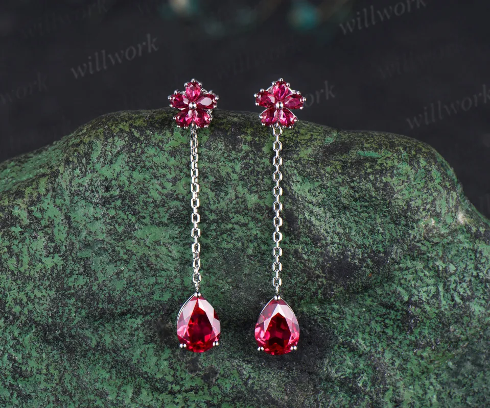 Pear shape ruby threader earrings flower drop earrings July birthstone gifts wedding anniversary earrings sold by Willwork Jewelry