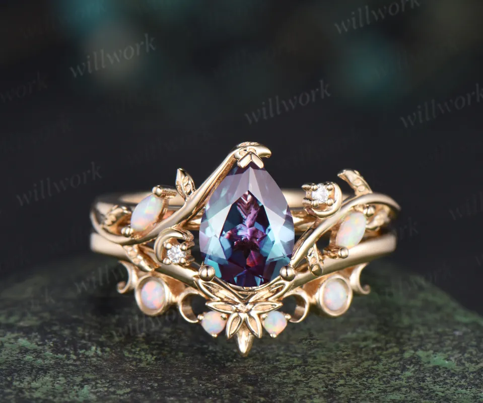 Pear cut alexandrite engagement ring set leaf twig moon opal moissanite ring celtic knot bezel opal wedding ring band enchanting bridal set sold by Willwork Jewelry
