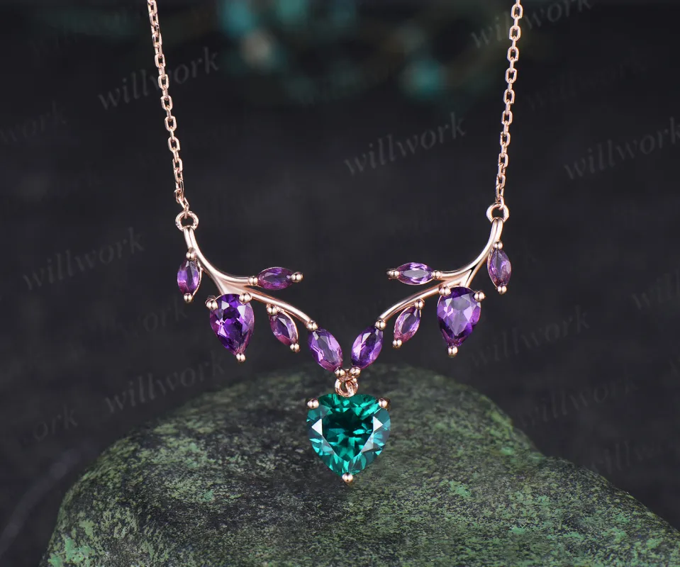 Heart shaped emerald amethyst leaf necklace nature inspired marquise amethyst twig pendant 14k rose gold unique crystal necklace for women made by Willwork Jewelry