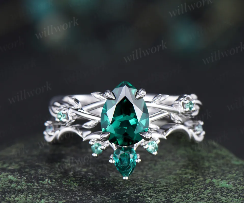 Pear cut emerald engagement ring floral twig split shank ring unique moon teardrop emerald wedding band bridal set gifts for her sold by Willwork Jewelry