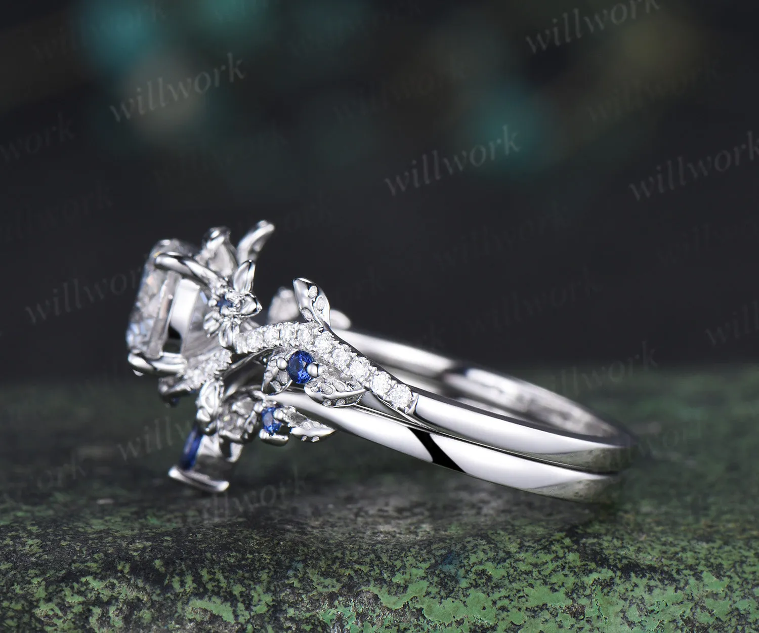 Round brilliant cut lab grown diamond leaf engagement ring set solid 14k white gold floral twig sapphire diamond promise ring unique bridal set sold by Willwork Jewelry product image thumbnail 4